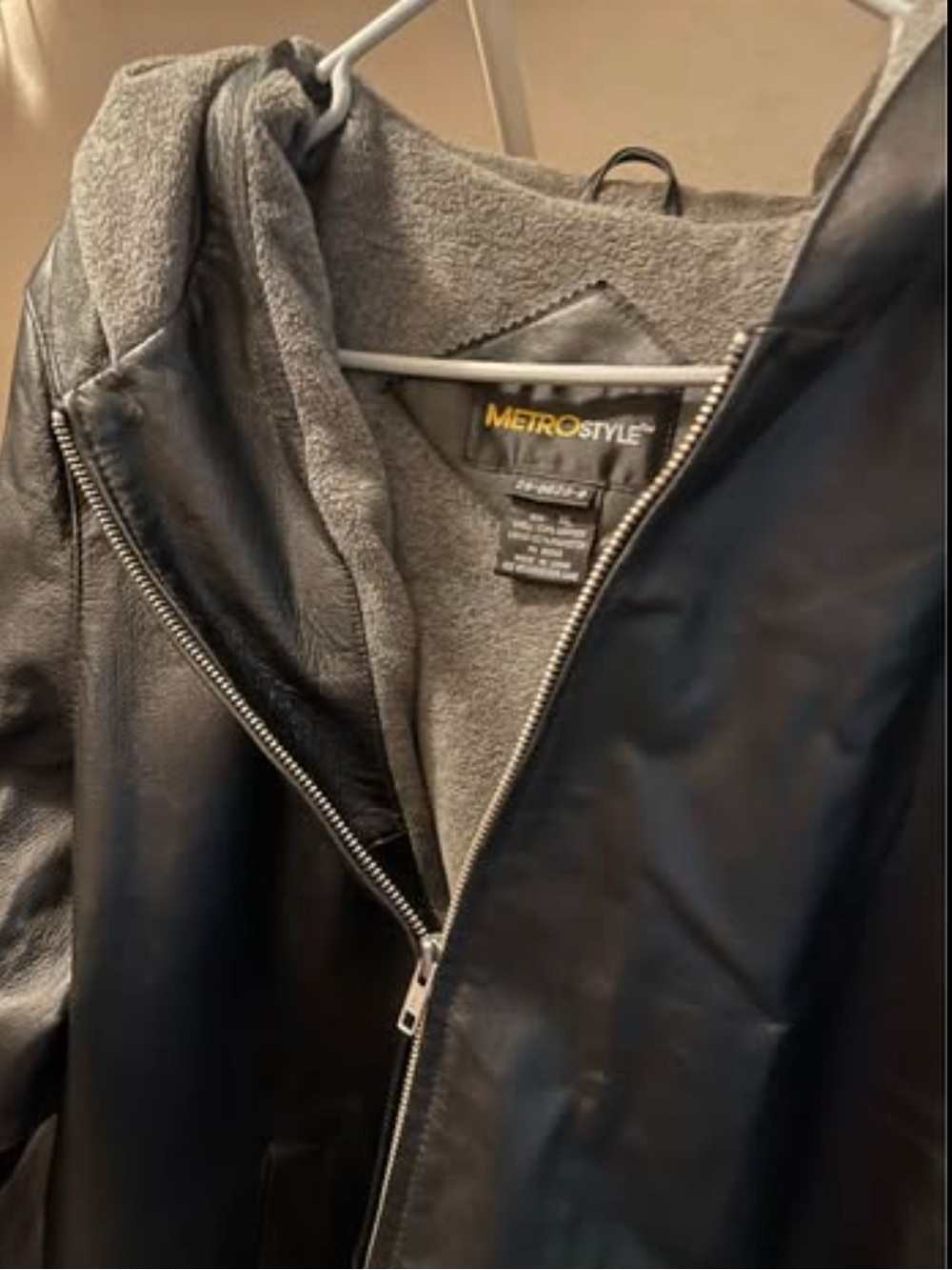 Metrostyle Black Leather Bomber Jacket with Gray Hooded Liner